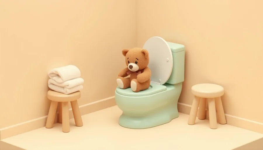 The teddy bear from the game on the toilet