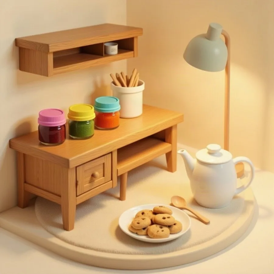 A small kitchen with homemade jams and a teapot